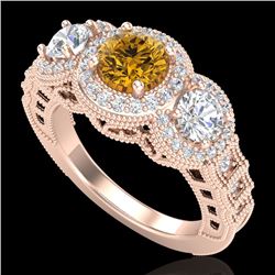 2.16 CTW Intense Fancy Yellow Diamond Art Deco 3 Stone Ring 18K Rose Gold - REF-270R9K - 37673