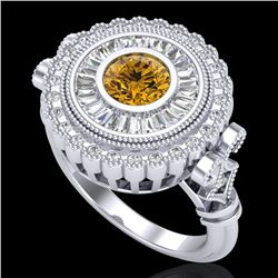 2.03 CTW Intense Fancy Yellow Diamond Engagement Art Deco Ring 18K White Gold - REF-245F5M - 37903