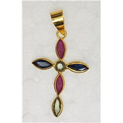 18KT YELLOW GOLD SAPPHIRE & RUBY CROSS  PENDANT
