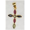 Image 1 : 18KT YELLOW GOLD SAPPHIRE & RUBY CROSS  PENDANT