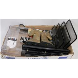 FLAT OF OFFICE SUPPLIES & 2 BRASS HORSE BOOK ENDS