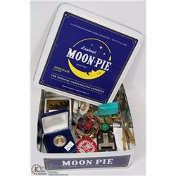 TIN FULL OF VARIOUS COLLECTIBLES