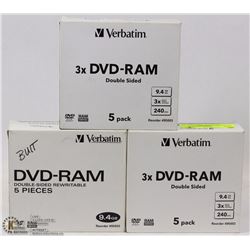 3 CASES OF 5 VERBATIM CD/DVD RAM DOUBLE SIDED DISC