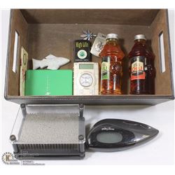 BROWN LEATHER BOX W/UNIQUE ITEMS INCL.