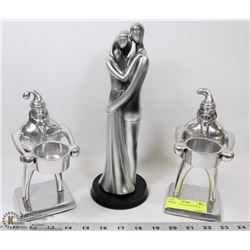 2 CANDLE HOLDERS & 1 STATUE