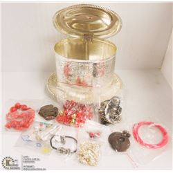 HINGED SILVER BOX FILLED WITH COSTUME JEWELRY