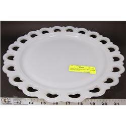LARGE MILK GLASS TRAY WITH CROCHET EDGE