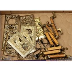 HARDWARE LOT INCLUDES VINTAGE BRASS & WOOD