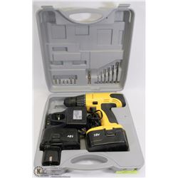 18 VOLT CORDLESS DRILL WITH CASE, 2 BATTERIES &