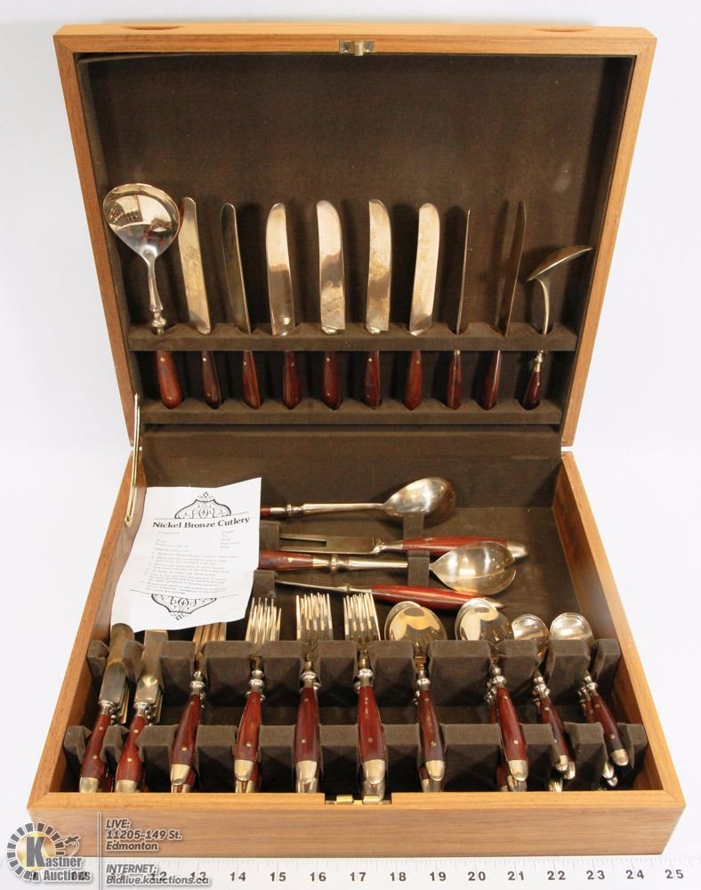 54 PIECE NICKELBRONZE CUTLERY SET IN WOODEN CASE