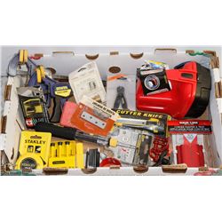 LOT OF ASST TOOLS, INCLUDES 2 CLAMPS, TAPE MEASURE