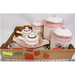 BOX W/DECORATIVE CANISTERS, PLATTERS &