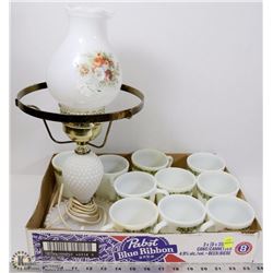 SMALL ANTIQUE MILK GLASS TABLE LAMP & 10 PYREX