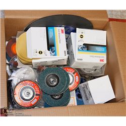 BOX OF ASSORTED GRINDING DISCS, SANDING DISCS, AND