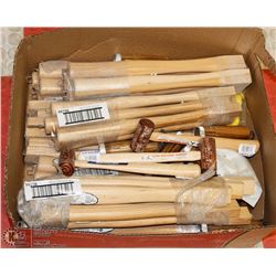 BOX OF ASSORTED HANDLES AND SMALL MALLETS