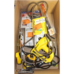 BOX WITH ASSORTED HAND TOOLS, STAPLERS