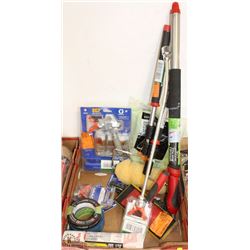 FLAT OF PAINTERS TOOLS, TAPE, ROLLERS, SPRAY GUN