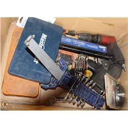 BOX W/ TAP AND DIE SETS, STUBBY WRENCHES, AIR