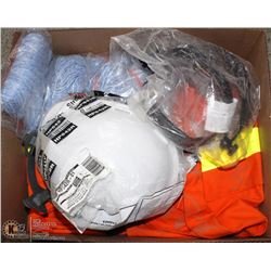 BOX OF MISC INCL HARD HAT, MOP HEAD, SAFETY