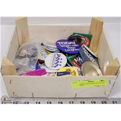 SMALL WOODEN CRATE WITH COLLECTOR BUTTONS