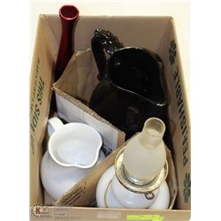 BOX OF OIL LAMP, LARGE BLACK JUG AND MORE