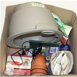 LARGE BOX OF GARDEN POTS, FEEDER, SEEDS,