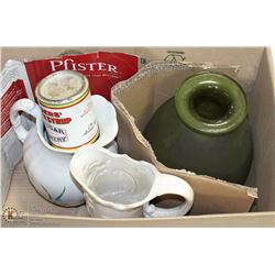 BOX OF HOUSE DECOR INCL LARGE VASES ETC