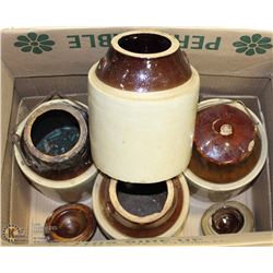 4 VINTAGE CROCKS , SOME WITH LIDS