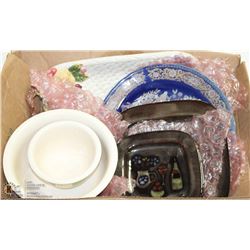 BOX W/DECORATIVE PLATTERS, PLATES &