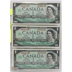 LOT OF 3-1967 CANADA ONE DOLLAR BILLS  SEQUENTIAL
