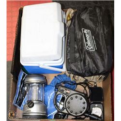 LARGE BOX OF CAMPING GEAR INCL. BLUE