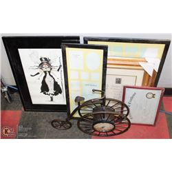 BOX OF HOUSEHOLD DECOR INCL BICYCLE CLOCK/MIRROR