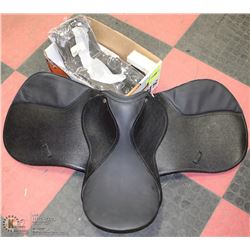 ENGLISH SADDLE AND BOX OF  HORSE MISC.