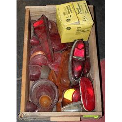 BOX OF VINTAGE AUTO LENSES AND BULBS