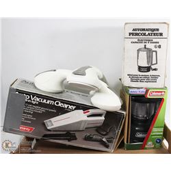 BOX WITH COLEMAN FLOATING LANTERN, COFFEE MAKER