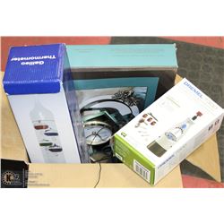 BOX WITH GALILEO THERMOMETER, CLOCK ,SILVER-PLATED