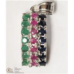 7- STERLING SILVER SAPPHIRE,EMERALD & RUBY PENDANT
