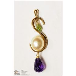 34- 14KT YELLOW GOLD GEMSTONE & DIAMOND PENDANT