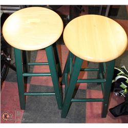 2 OAK GREEN AND OAK COLOR STOOLS 28"H