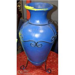 YELLOW AND BLUE WROUGHT IRON MEXICAN CLAY POT