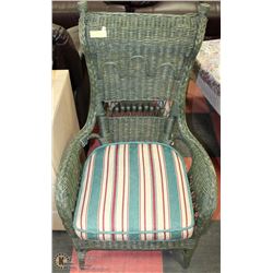 GREEN WICKER PATIO  ACCENT CHAIR WITH CUSHION
