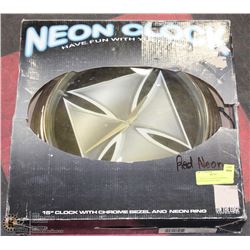 15" NEON CLOCK WITH CHROME BEZEL & RED NEON RING