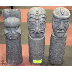 24) SET OF THREE GARDEN TOTEM POLE STATUES