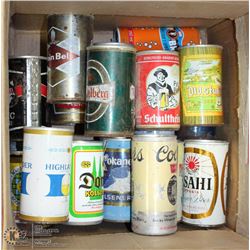BOX OF VINTAGE BEER & SODA CANS