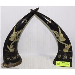 PAIR OF CARVED HORNS - EAGLE DESIGN