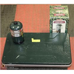 COLEMAN CAMP STOVE WITH NEW LANTERN AND 1 BOTTLE