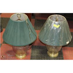 PAIR OF BRASS & GLASS BASE GREEN SHADE LAMPS