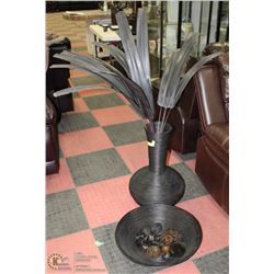 LARGE BLACK WOOD VASE & PLATE WITH CONTENTS