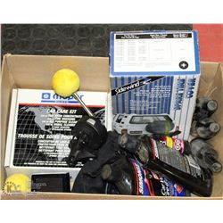 BOX OF AUTOMOTIVE SUPPLIES W/ MAGELLAN MAESTRO