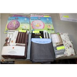 GROUP OF 5 CURTAINS, PANELS AND BEAN BAG COVERS